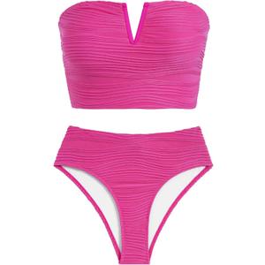 ZAFUL Womens Bandeau Bikini Set Strapless Textured Two Piece Lace up Bathing Suits High Waisted V-Neck Swimsuits (Medium, Hot Pink)