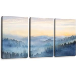 YJYart Foggy Forest Canvas Wall Art Landscape Mountain Wall Art for Living Room Sunrise Wall Decor Modern Artwork Canvas Prints Pictures for Wall Home Office Size 24"x 36"x 3pcs