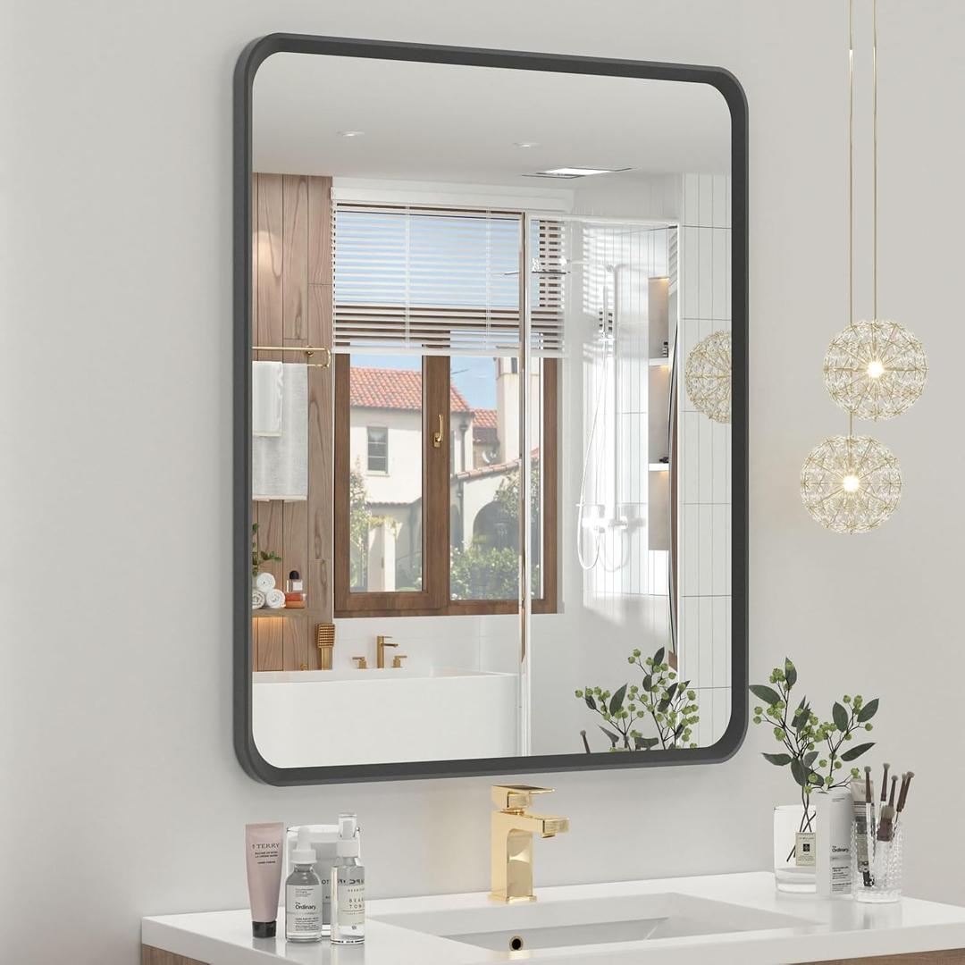 OKPAL 20 x 24 Inch Black Bathroom Mirrors for Over Sink, Rounded Rectangle Black Bathroom Vanity Mirror, Beveled Framed Mirror for Wall, HD Glass, Anti-Rust Aluminum Alloy Mirror
