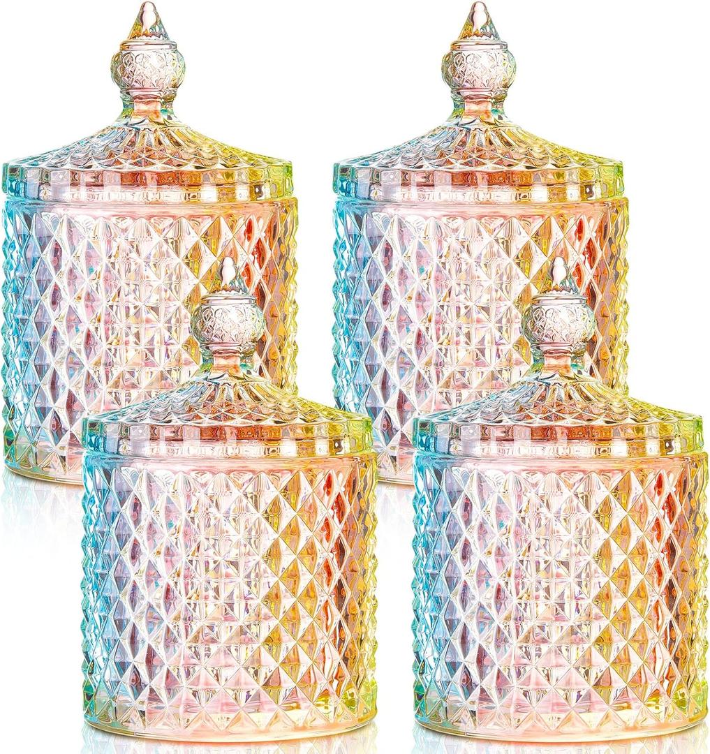 Aoriher 4 Pcs Crystal Glass Candy Jar Set with Lids Home Decorative Storage Jars for Apothecary, Bathroom, Kitchen, and Pantry, Ideal for Cotton Swabs and Jewelry(Medium,Colorful)