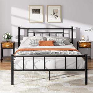 Shintenchi Queen Size Bed Frame with Headboard and Footboard, Queen Metal Bed Frame Mattress Foundation with Under Bed Storage, Steel Slats, No Box Spring Needed, Noise Free, Black Square
