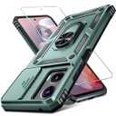 Janmitta Compatible with Moto G Power 5G 2024 Case Built in Slide Camera Lens Cover+Screen Protector+Finger Ring Holder Kickstand, Heavy Duty Shockproof Full Body Protective Phone Cover, Dark Green