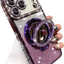 Magnetic Kickstand Glitter Case for iPhone 17 Pro Max,[Compatible with Magsafe] Cute Bling Sparkly Rhinestone with Camera Protector Makeup Mirror Women Girls Case for iPhone 17 Pro Max,Purple