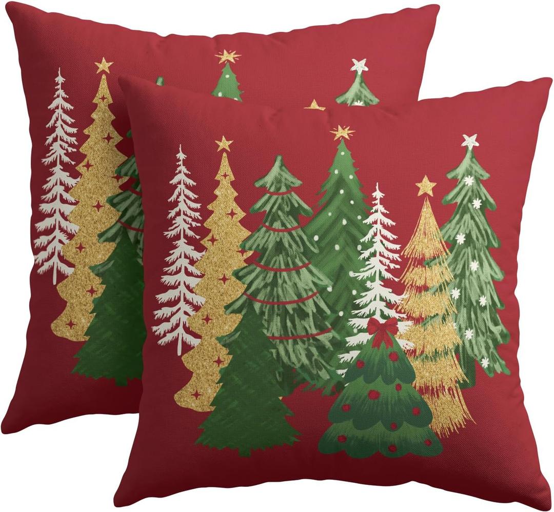 Kawani Christmas Red Decorative Pillow Covers 18x18 Inch Set of 2 Christmas Tree Outdoor Throw Pillow Covers Winter Xmas Holiday Pillowcases Cushion Covers for Home Couch Christmas Decor