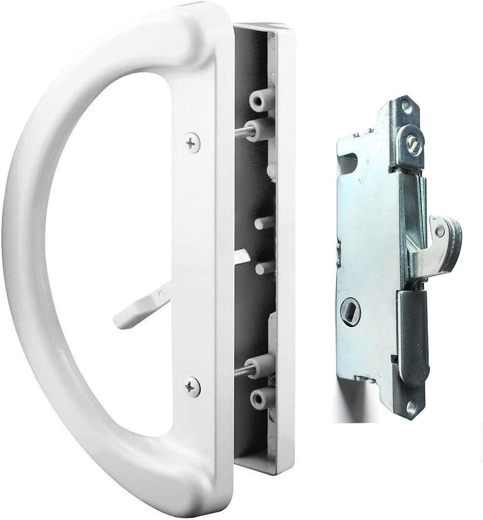 Patio Door Handle Set + Mortise Lock 45 Perfect Replacement for Sliding Glass Door Fits 3-15/16 Screw Hole Spacing, Non-keyed with Latch Locks, White Diecast, Reversible Design(Non-Handed)