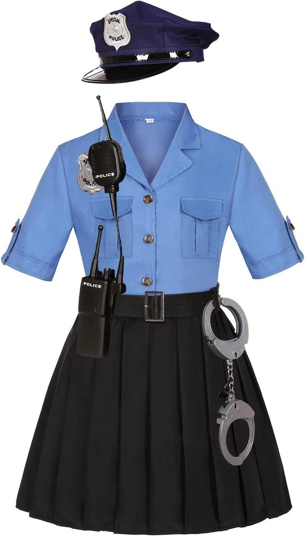 KIDIN Police Officer Costume for Kids Cop Costume for Girls Police Dress Up Halloween Cosplay Birthday Gift (9-10 Years, Light Blue)