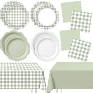 LemonRoad 100 Pcs Sage Green Gingham Paper Plates Napkins Plastic Tablecloth Set for 24, Green White Disposable Dinner Dessert Scalloped Plates for Baby Shower Picnic Birthday Party Supply Decoration
