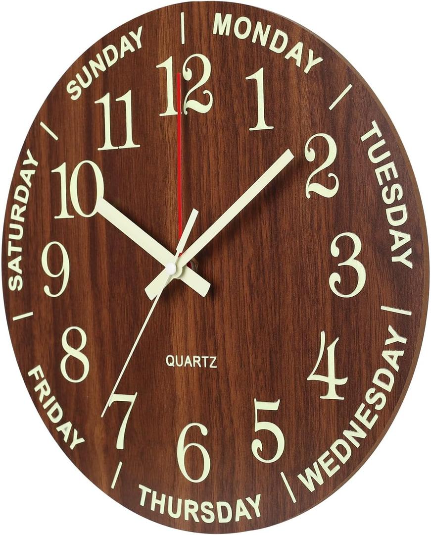 Wall Clock 10 Inch Brown Weekly Wall Clock Silent Battery Operated Luminous Hands Retirement Elderly Wooden Glow in The Dark Clock