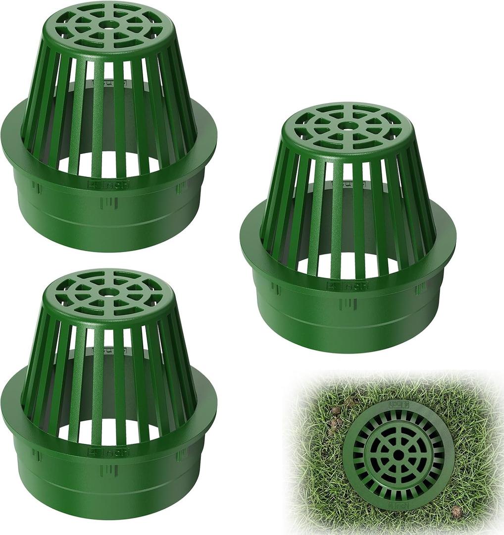 4 Inch Atrium Drain Grate, Outdoor Drain Cover for 4 in. Sewer and Drain Pipe Fittings, Raised Yard Drain Grate for Lawn, Landscape Bed, Patio Drainage, 3PC