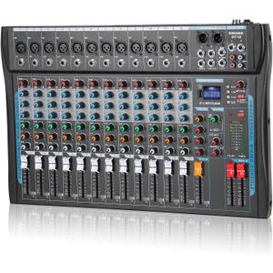 12 Channel Audio Interfacer Sound Board Mixer DJ Mixer 16-Bit DSP Effect USB Audio Mixer +48V Phantom Power Bluetooth Mixer for Karaoke Studio Streaming Recording,Live Streaming
