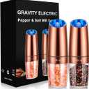 Gravity Electric Pepper and Salt Grinder Set, Adjustable Coarseness, Battery Powered with LED Light, One Hand Automatic Operation, Stainless Steel Copper, 2 Pack (2.5*2.5*7.9inch)