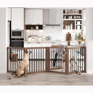 Vantas Folding Pet Gate 96" Wide, 30" Tall No-Assembly Wooden Dog Gate with Door Walk Through, Freestanding Puppy Safety Fence, with 2PCS Support - Brown