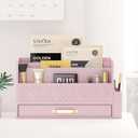 Wisuse Bamboo Desk Mail Organizer with Drawer, Wooden File Bill Sorter Storage Box for Desktop, Letter Countertop Holder for Home, Office, School Organization, Tabletop Accessories Supplies (Pink)
