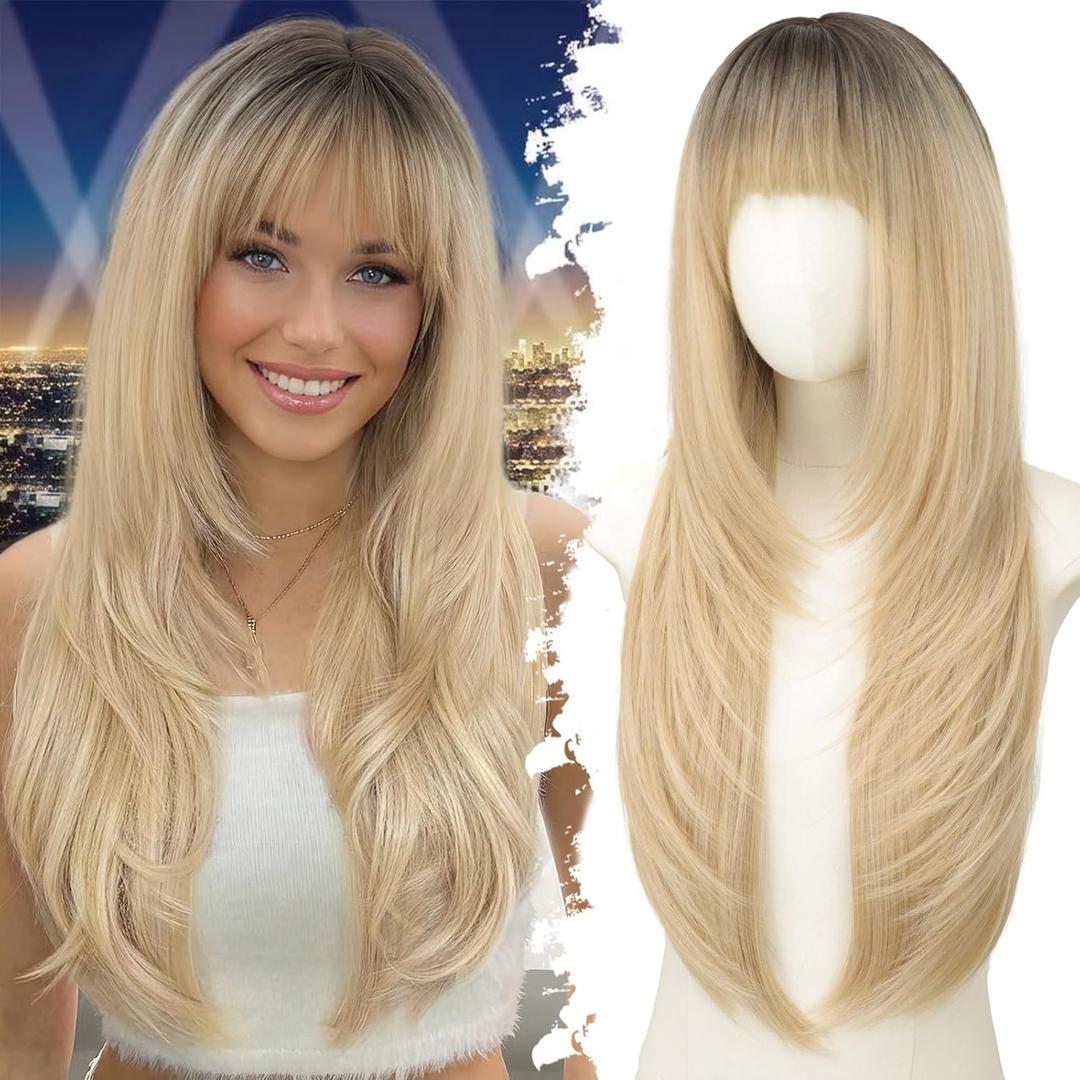 Eawwii Long Ombre Blonde Wig with Bangs for Women,4x4 Realistic Scalp,Free Parting,Layered Hairstyle Synthetic Heat Resistant for Daily Party Use 26 inch