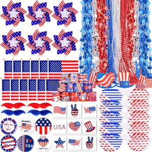 181Pcs 4th of July Patriotic Accessories for kids Including Glasses Necklaces Handheld US Flags Bracelets Pinwheels Brooches Tattoos for Independence Day, Memorial Day Party Decorations