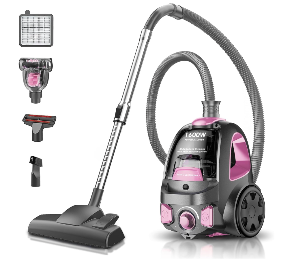 PKUYIE Canister Vacuum Cleaner, 40Kpa 1600W Cyclon Power Bagless Canister Vacuum Cleaners for Home, 3.7QT Large Dust Cup, Lightweight Vac for Hard Floors, Carpets, Pet Hair, Pink