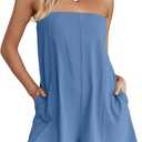 ReachMe Womens Strapless Short Rompers Off Shoulder One Piece Short Jumpsuits Summer Sleeveless Rompers with Pockets (Large, Dusty Blue)