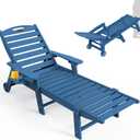 Lounge Chair Outdoor, Oversized Chaise Lounge Chair with 5 Positions, HDPE, Patio Lounge Chair with Wheels & Cup Holder for Pool, Deck, Poolside, Azure Blue (Wheels-1Pack, Navy Blue)