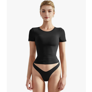 SUUKSESS Women Double Lined Fitted Basic Tee Crew Neck Short Sleeve Y2K Crop Top S