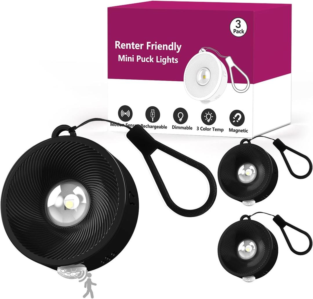 2" Rechargeable Mini Puck Lights w/Lanyard, Renter Friendly Magnetic Stick On Battery Operated Lights, Wireless Motion Sensor Light Indoor for Closet, Wall, Shelves, Kitchen, Locker - 3Pack/Black