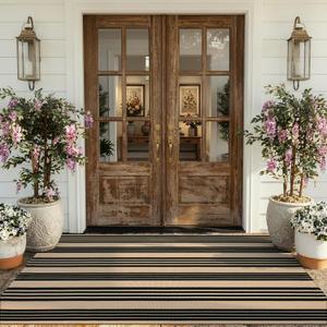 KIMODE Indoor Outdoor Rug 4'x6',Washable Reversible Black and Khaki Striped Rug,Cotton Hand Woven Patio Rug Floor Carpet, Farmhouse Decor Porch Rug for Outdoor Backyard Living Room