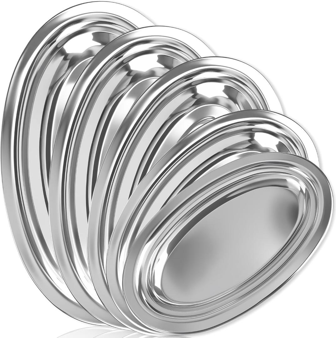 5 Pcs Stainless Steel Oval Platter Set Silver Oval Serving Food Tray Heavy Duty Metal Sizzle Plate for Parties Meat Sushi Mirror Polish Fish Dessert