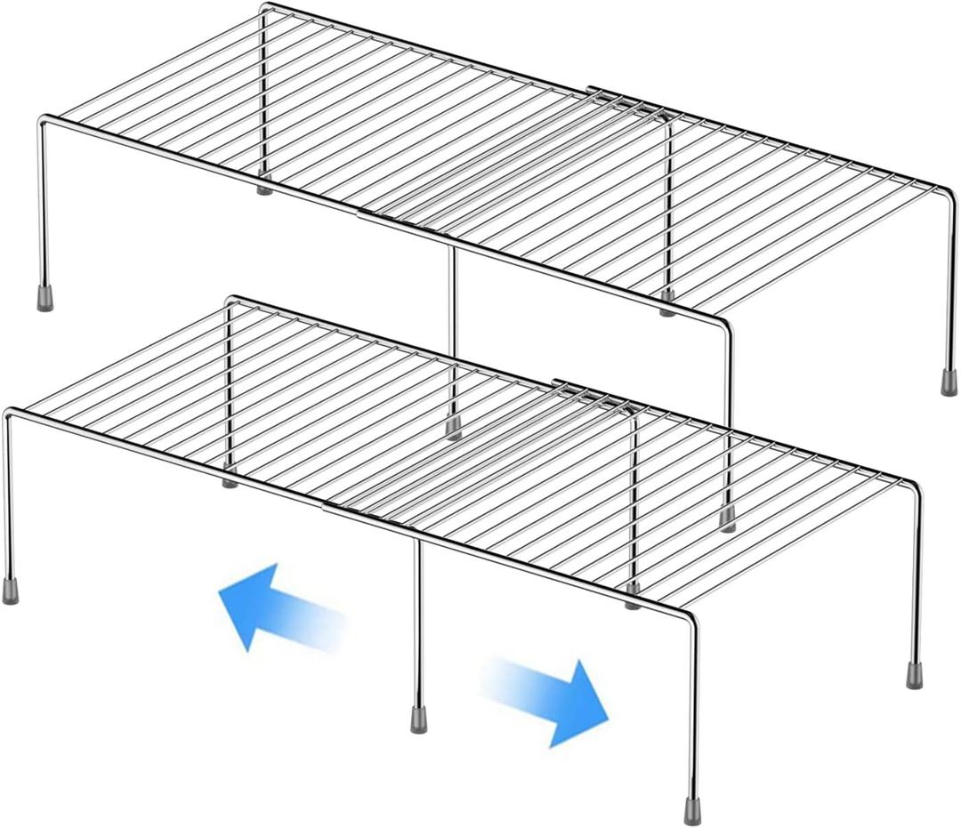 Kitchen Cabinet Expandable Shelf Organizers Set of 2, Adjustable Metal Wire Pantry Storage Shelves, Plate Dish Organizer Rack for Cabinets, Cupboard, Counter, Freezer, Countertop, Chrome