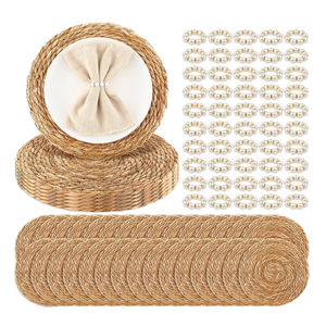 Gandeer 100 Pcs Cattail Round Woven Placemats Set, Cattail Placemats with Pearl Napkin Rings Boho Farmhouse Rustic Woven Chargers Natural Mat Bulk for Wedding Party, Dinner Table (13 Inch)
