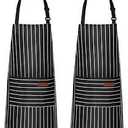 Handepo 2 Pcs Kitchen Aprons with Pockets Adjustable Waterproof Cotton Aprons Striped Apron for Women Men Chef Baking Cooking(Narrow Stripes,Black)