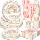 Dandat 350 Pcs Baby Shower Party Supplies Serves 50 Tableware Sets Include Plates Napkin Cup Forks Knives Spoons Disposable Dinnerware (Boho Style,Pink)