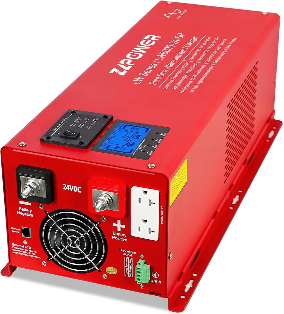 6000W Inverter Charger 24 Vdc and 240 Vac Input 120V/240V AC Output Split Phase Low Frequency Peak 18000w Pure Sine Wave Inverter for RV Trailer Camper Home Boat UL1741