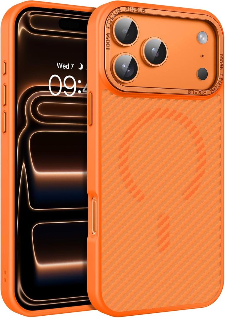 BENTOBEN Carbon Fiber for iPhone 17 Pro Max Case 2025 [Compatible with MagSafe] Magnetic Phone Case iPhone 17 Pro Max 6.9" Slim Thin Smooth Bumper with Drop Protection Women Men Cover, Cosmic Orange