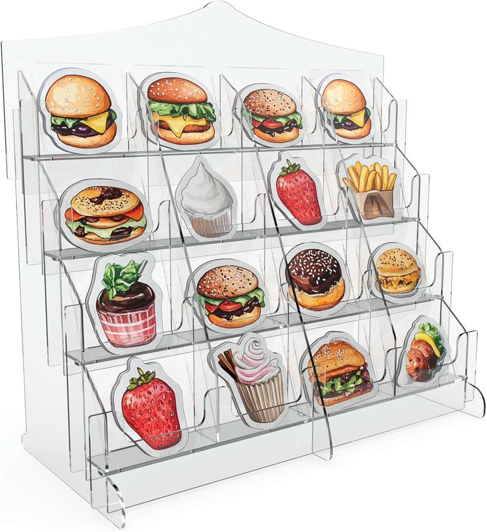 Acrylic Sticker Display Stand with Curved Pockets for Big 4'' Stickers- Brochure Holder with Customizable Space - On the Go Display Stands for Vendor Events - Ideal for Small Business Vendors (Medium)