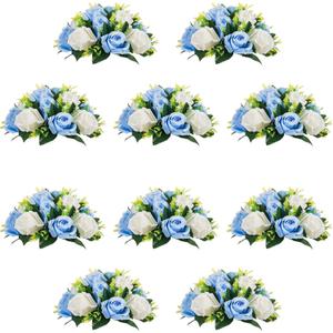 10Pcs Artificial Flower Ball Arrangement, Fake Floral Centerpieces Wedding Roses Bouquet for Parties Valentine's Day Wedding Centerpieces and Home Decor (Blue & White)