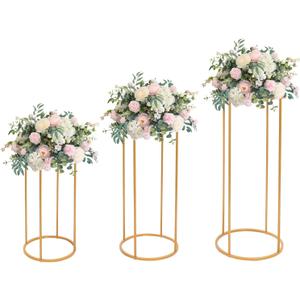 Wedding Flower Stand, 3PCS Round Tall Cylinder Pedestal Flower Holders, Free Standing Removable Gold Metal Plant Rack Column Vases Centerpieces for Parties and Wedding Living Room Decoration