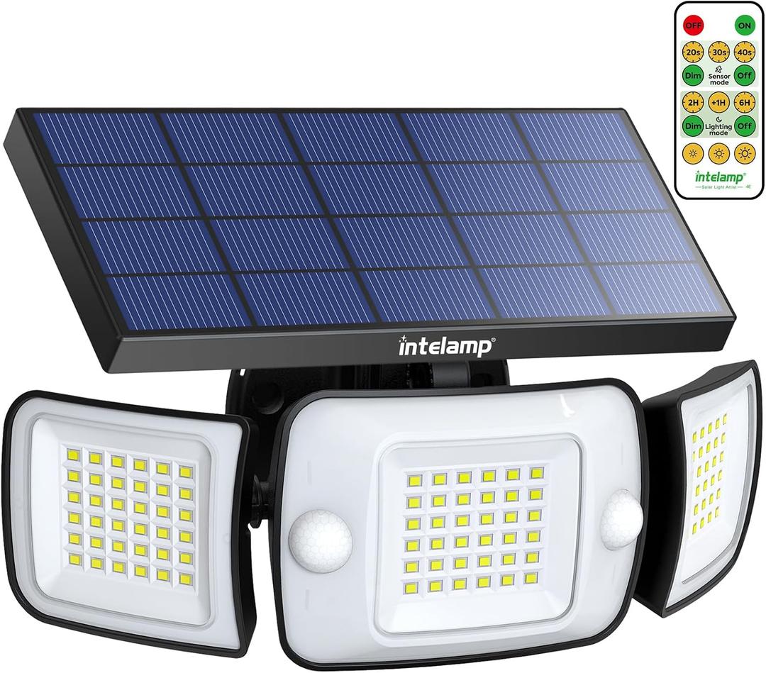 intelamp Solar Flood Lights Outdoor Waterproof, 6000mAh 1200LM Solar Powered Dual Motion Sensor LED Lighting Dusk to Dawn Security Floodlight Exterior with Remote for Outside Garden House Patio, 1 Pack New