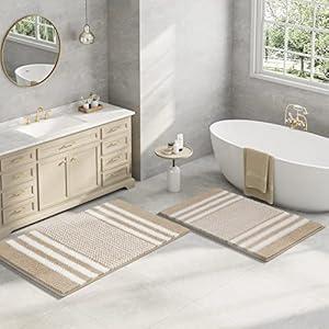 Tindbea Bathroom Rugs Set 2 Piece, Extra Soft and Absorbent Fluffy Striped Chenille Bath Mat Rug Set, Non Slip Bathroom Floor Mat, Machine Washable (24" x 35" Plus 20" x 32", Khaki)