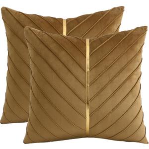 Tosleo Brown Velvet Throw Pillow Covers 22x22 inch Pack of 2 with Gold Leather Decorative Couch Pillow Cover Luxury Modern Pillowcases for Living Room Bedroom Sofa Cushion Bed