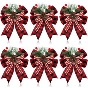 6 Pcs Christmas Burlap Plaid Bow with Pine Cones Pine Needles Xmas Checkered Ribbon Bow for Christmas Indoor Outdoor Farmhouse Tree Wreath Garland Craft Decor (Red and Black)