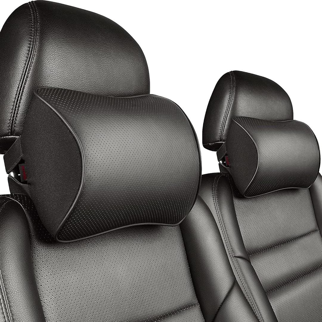 Aukee Car Headrest Pillow with Genuine Leather Cover Memory Foam Neck Cushion with 4 Extension Straps Adjuatable and Comfortable for Driving Home Office Black (Pack of 2)