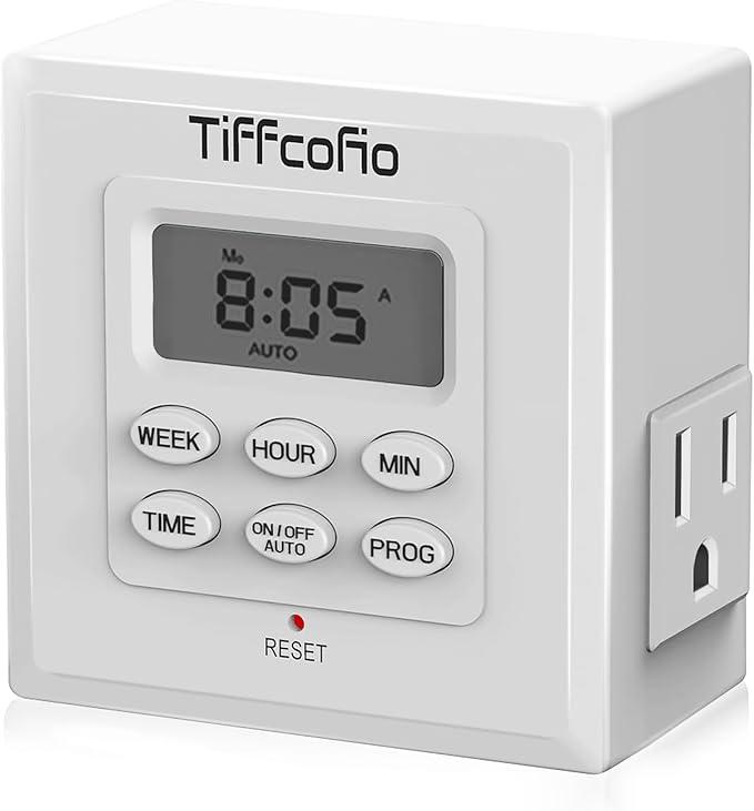 TiFFCOFiO Indoor 15A/1875W Digital Light Programmable Outlet Timer 2 Prong Plug