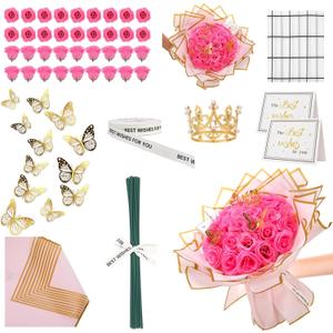 36 PCS Glitter Roses Bouquet Kit, Pink Sparkling Flower Arrangement with Stems, Butterflies, Crown, Wrapping Paper, Card, Ribbon for Wedding, Graduate, Birthday, DIY Crafts