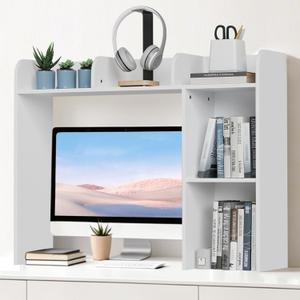 Desk Hutch Dorm White, 3-Tire Wood Desk Shelf Storage Organizer for Office Home, Large