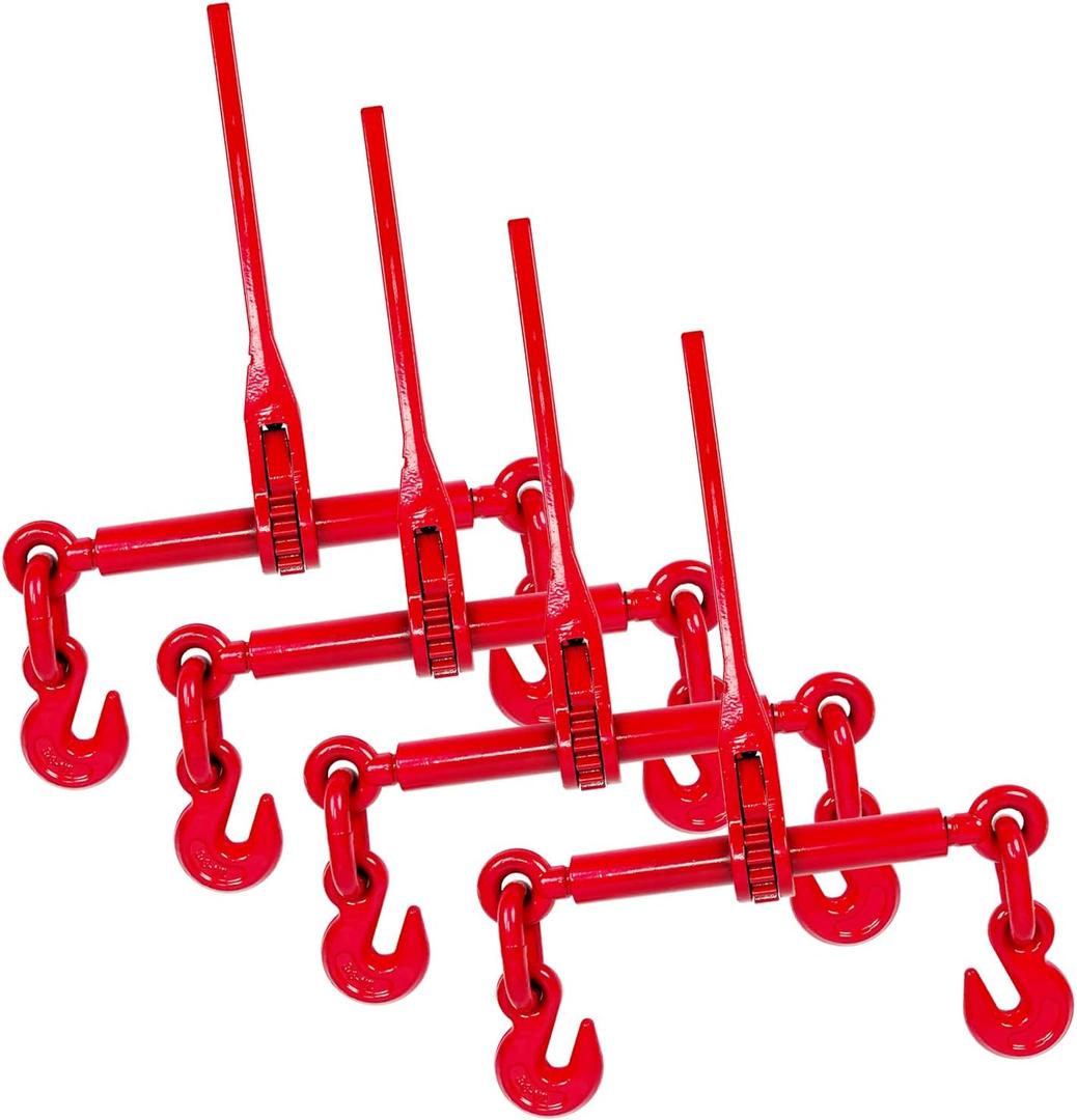 3/8"  1/2" Ratchet Binders 9,215 LBS Secure Working Load, G70 Hooks and Adjustable Length, for Grade 70-80 Chains, Tie Down, Hauling, Towing, 4-Pack, Red