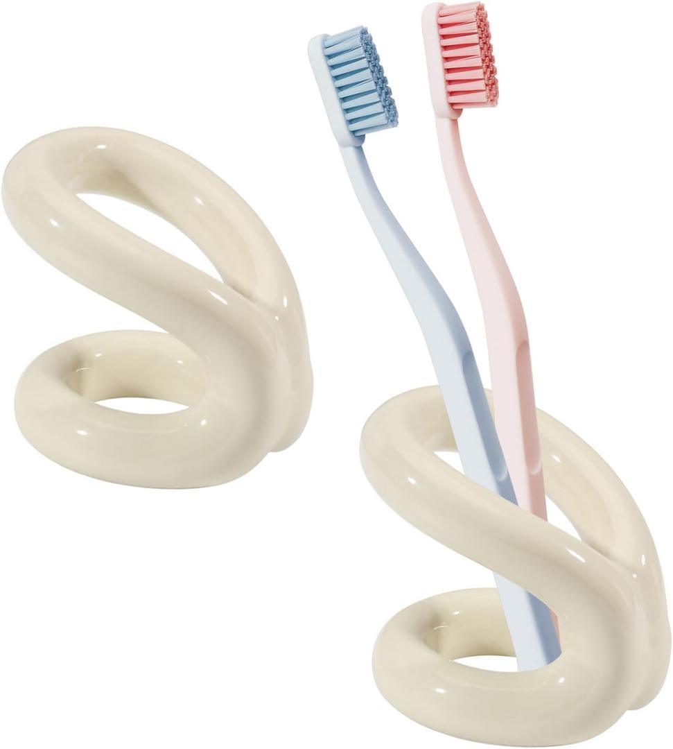 2pcs Knot-Shaped Toothbrush Holders for Bathrooms Mini Ceramic Toothbrush Storage Rack Toothpaste Holder for Couple Countertop Decorative Stand for Makeup Brush