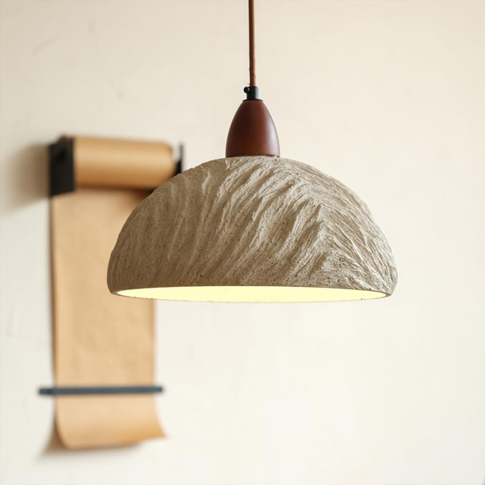 Wabi Sabi Pendant Light, 10.8" Concrete Pendant Light with Grey Irregular Textured Lampshade & Wooden Ceiling Plate, Retro Cement Hanging Lamp Ideal for Bedroom Living Room Kitchen (No Bulb)
