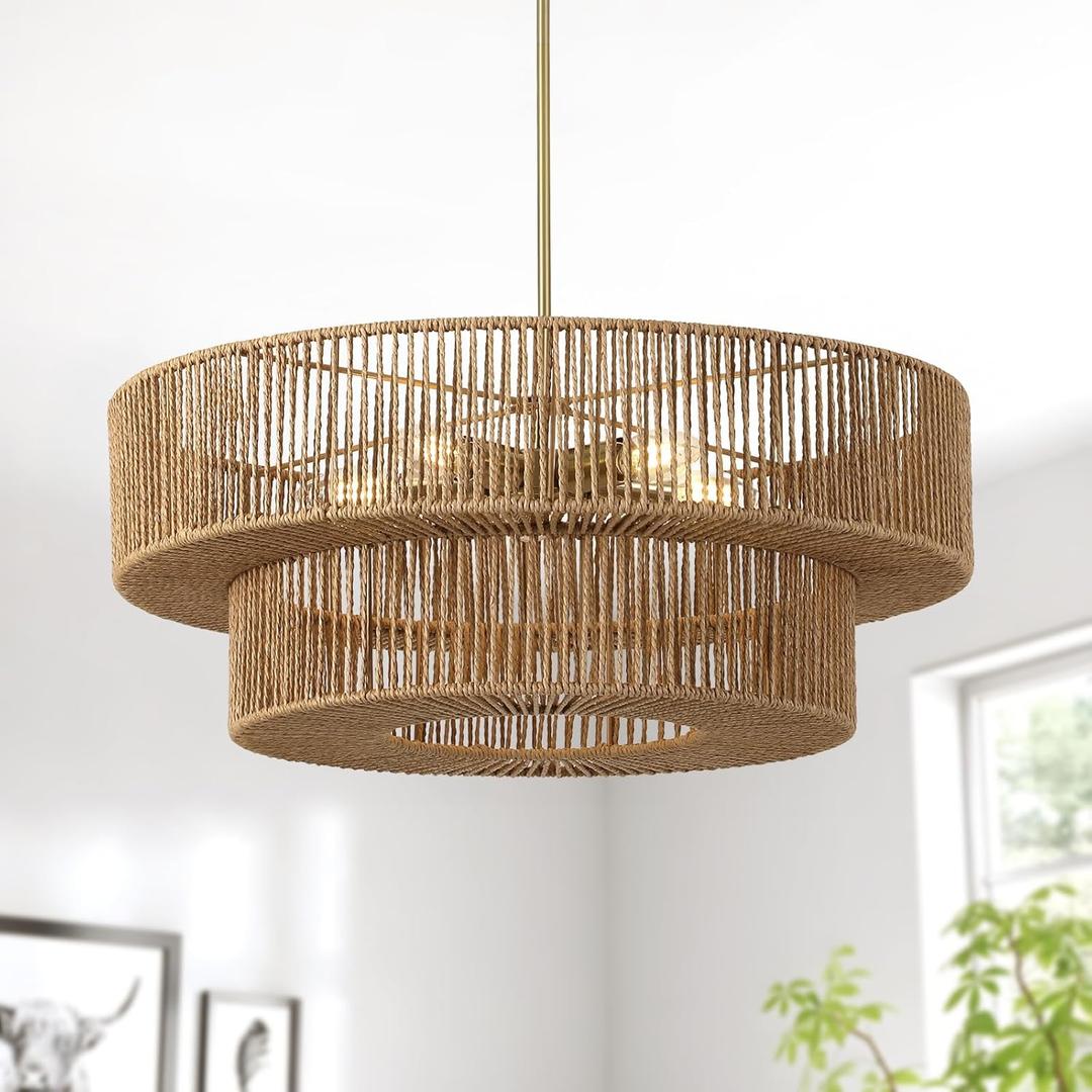 BOSHANGMEI 15'' Natural Rattan Chandelier Pendant Light-Farmhouse Boho Rattan Pendant Lights with Included E27 Bulb, 120V Wicker Pendant Lights for Dining Room Kitchen Island Bedroom Living Room