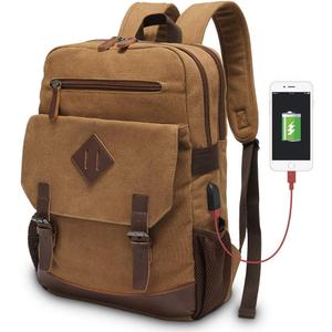 Modoker Eco-Friendly Canvas Backpack for Men Women, Vintage Rucksack Fits Most 15.6 Inch Laptop, Bookbag with USB Charging Port, Brown