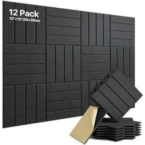 12 Pack Sound Proof Foam Panels for Walls, Self-Adhesive Acoustic Panels Sound Absorbing, 12" X 12" X 0.4" High Density Soundproof Wall Panels Tiles for Door, Ceiling, Home Office, Black
