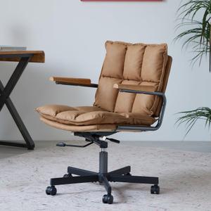 Home Office Desk Chair, Leather Ergonomic Computer Chair with Wheels and Oak Arms, Adjustable Height Rolling Swivel Executive Chair, Camel Brown